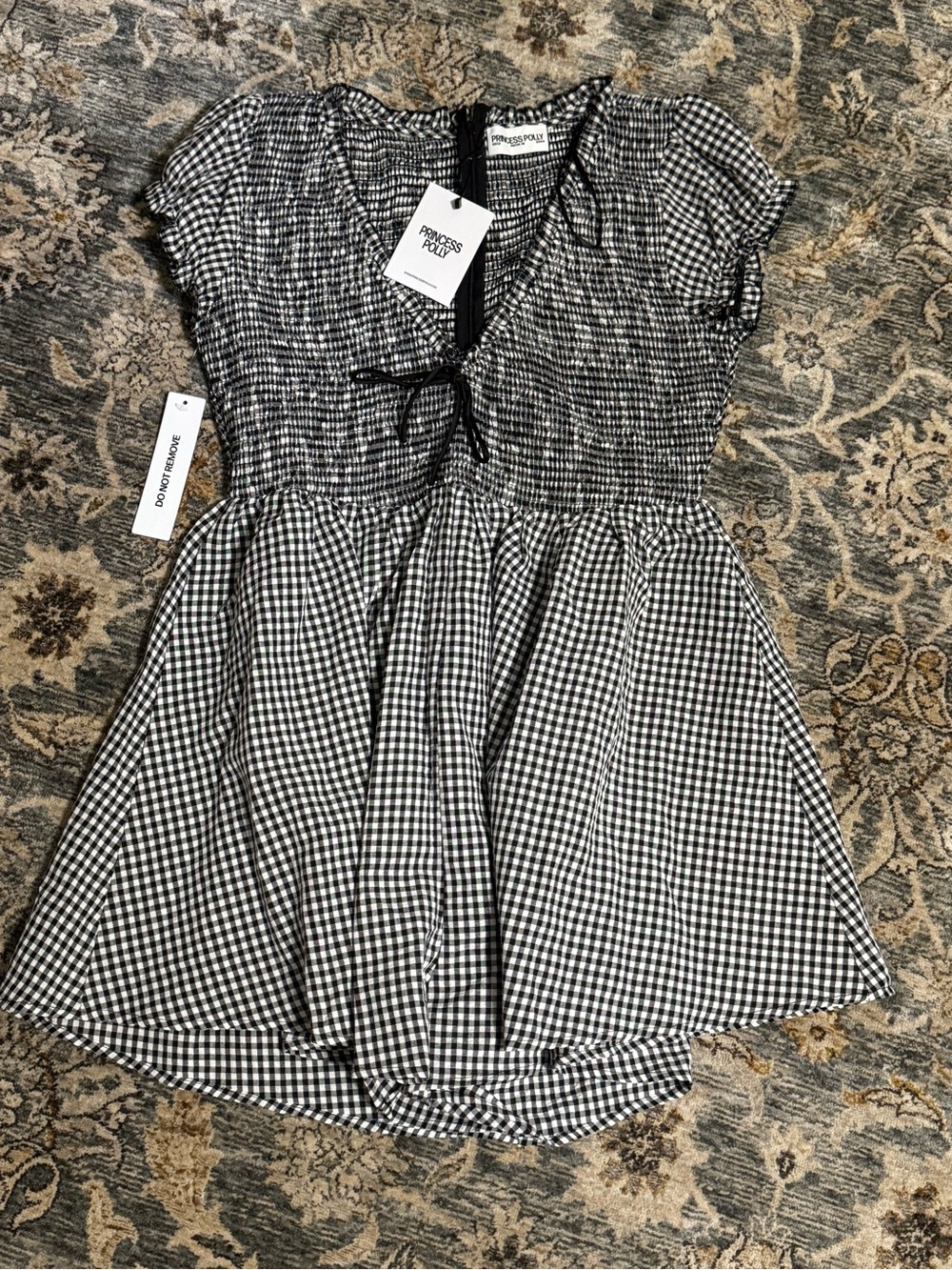 Princess Polly Black & White Gingham Smocked Tie-Front ROMPER Size 12